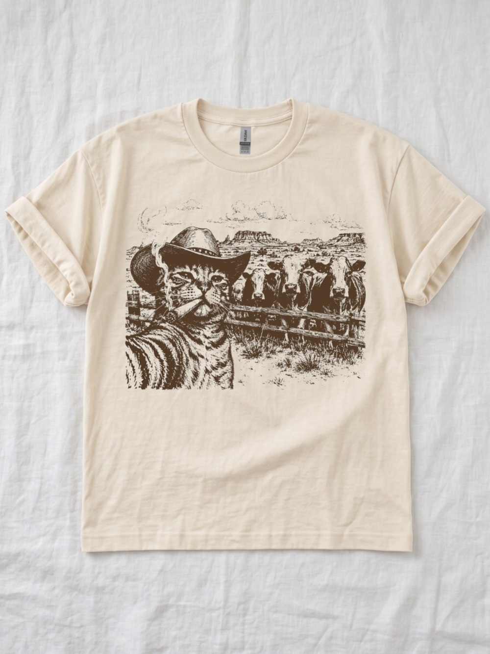 Gildan Cream Tee with Western Cowboy Cat Graphic